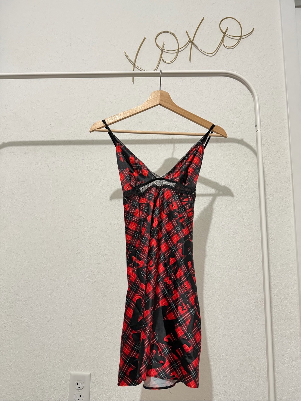 Victoria's Secret Red Plaid Slip with Black Lace Trim